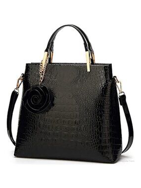Crocodile Patent Leather Satchel Tote Top Handle Shoulder Bag Flower Charm